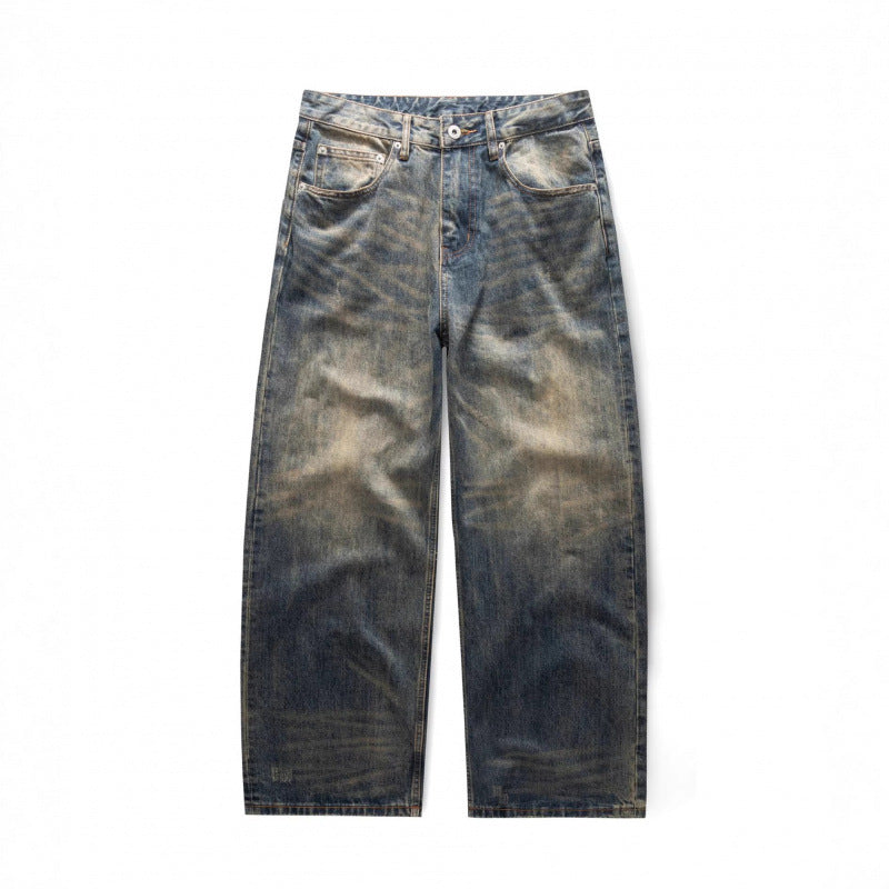 Men's Loose Straight Vintage Denim Jeans with Used Wash Fashion Glam