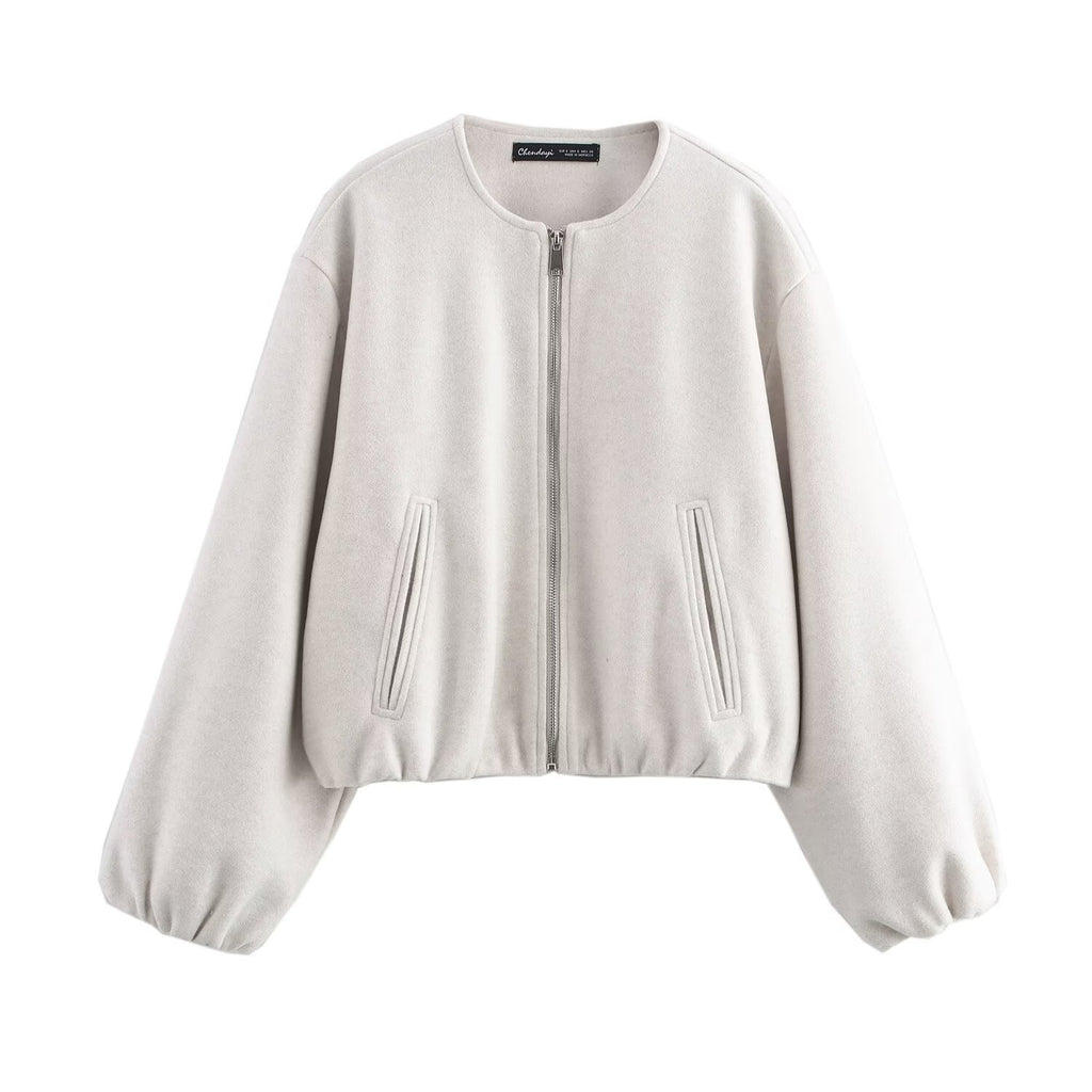 Ladies short-cut suede-look bomber jacket with round neck and balloon sleeves Fashion Glam