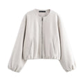 Ladies short-cut suede-look bomber jacket with round neck and balloon sleeves Fashion Glam
