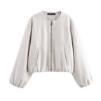 Ladies short-cut suede-look bomber jacket with round neck and balloon sleeves Fashion Glam