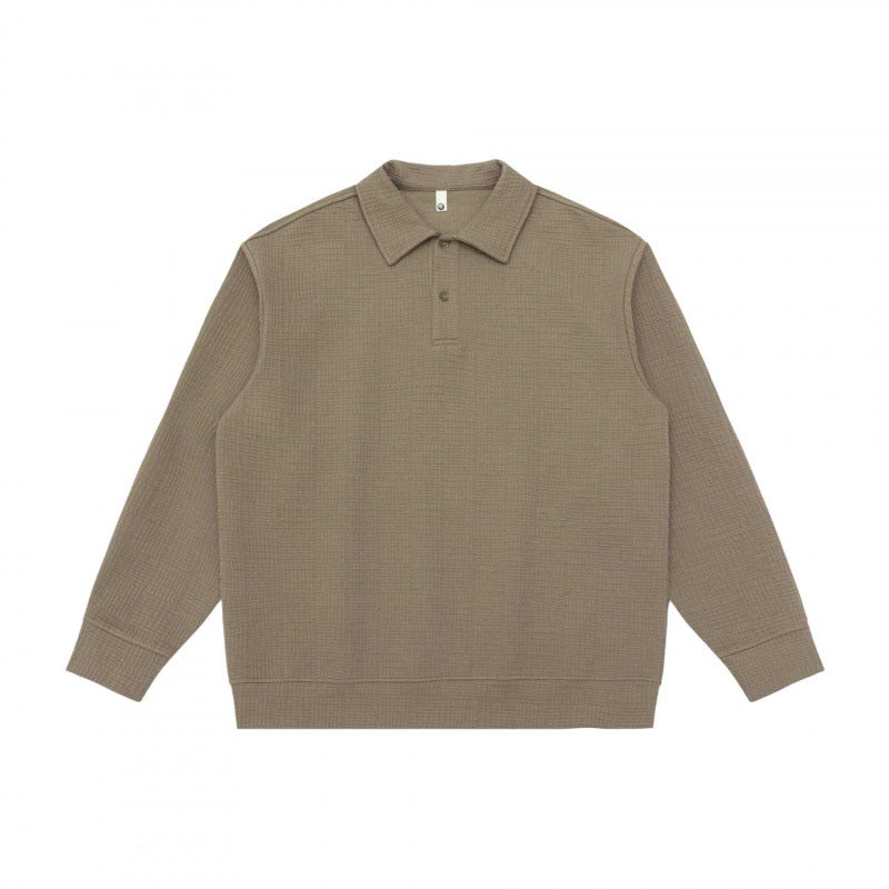 Unisex Long-Sleeve Knit Polo Shirt Sweater with Boxy Fit and Waffle Texture Fashion Glam