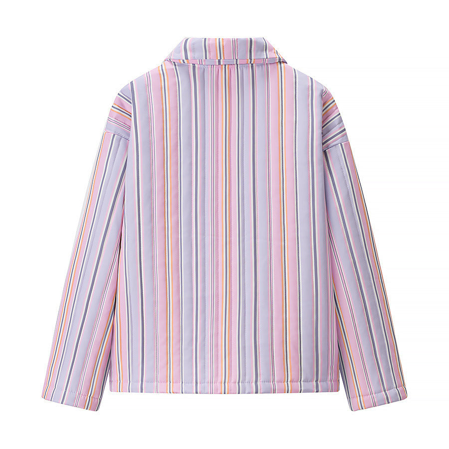 Women's Quilted Cropped Jacket with Striped Stitching, Wide Sleeves and Zipper Fashion Glam