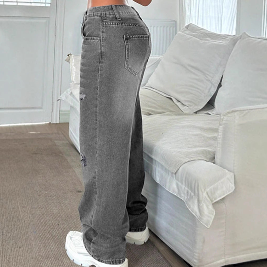 Women's High-Waisted Loose Destroyed Jeans with Straight Leg Fashion Glam