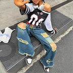 Women's wide Destroyed-Denim-Jeans with Neon Fringe Application Fashion Glam