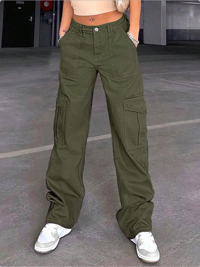 Women's wide cargo pants with high waist, patch flap pockets, and casual baggy fit Fashion Glam