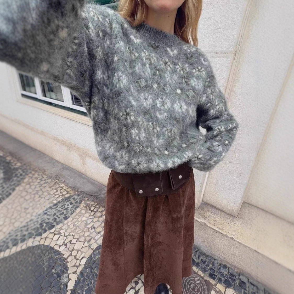 Women Oversize Jacquard Sweater made of soft Mohair mix with round neck Fashion Glam