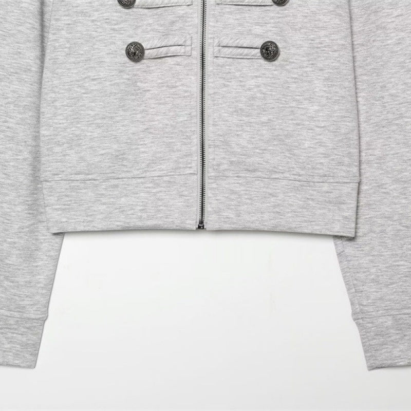 Women's Short Sweat Jacket in Military Style with Stand-Up Collar and Decorative Button Details Fashion Glam