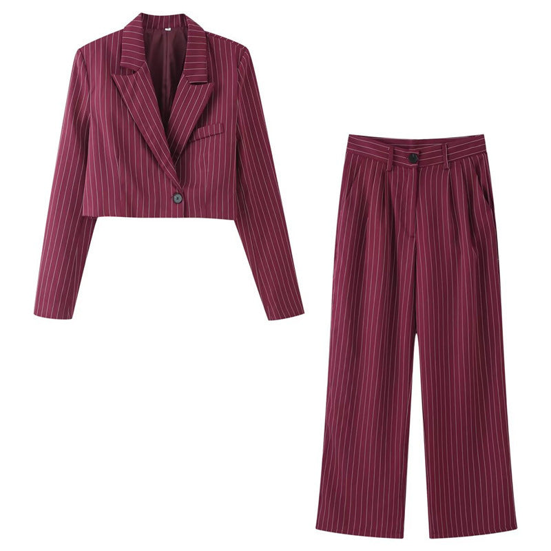 Women's two-piece pinstripe cropped blazer and high-waist wide-leg pants set Fashion Glam