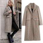 Women Long Houndstooth Coat with Lapel Collar, Two-Button Closure and Flap Pockets Fashion Glam