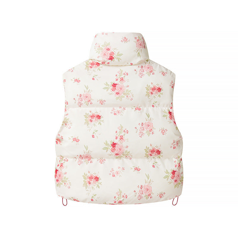 Women short cut quilted vest made of down imitation with stand-up collar, floral print and drawstring Fashion Glam