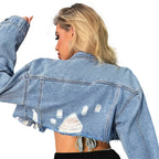 Women Short-Cut Cropped Denim Jacket with Raw Edge and Oversize Sleeves Fashion Glam