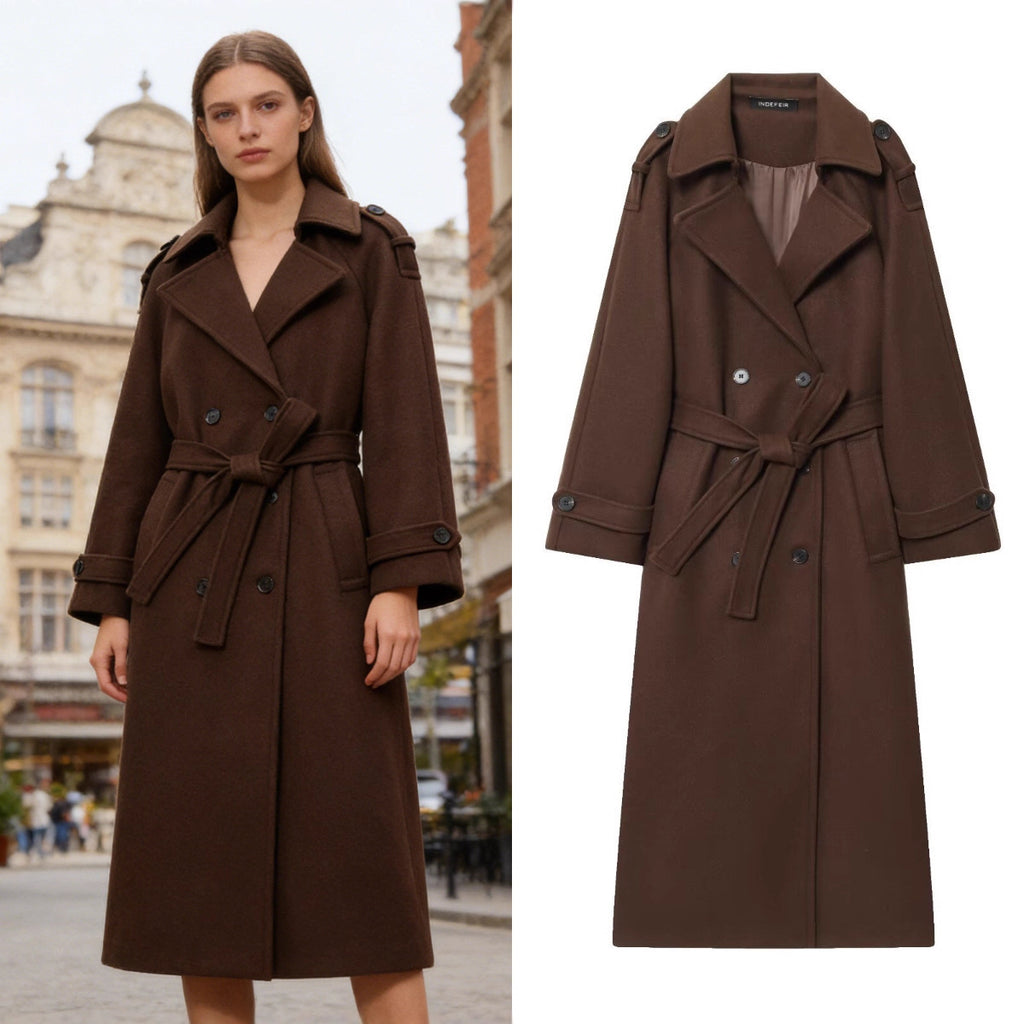 Women's Long Double-Breasted Wool Coat with Waist Belt and Epaulettes Fashion Glam