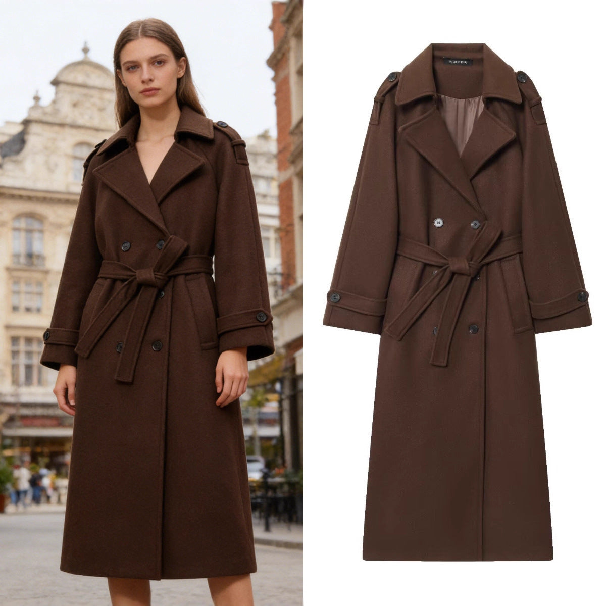 Women's Long Double-Breasted Wool Coat with Waist Belt and Epaulettes Fashion Glam