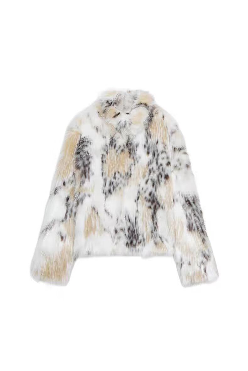 Women's Cropped Faux Fur Jacket with Multicolored Spot Design and Stand Collar Fashion Glam
