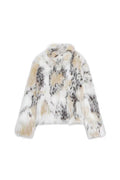 Women's Cropped Faux Fur Jacket with Multicolored Spot Design and Stand Collar Fashion Glam