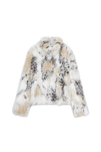 Women's Cropped Faux Fur Jacket with Multicolored Spot Design and Stand Collar Fashion Glam