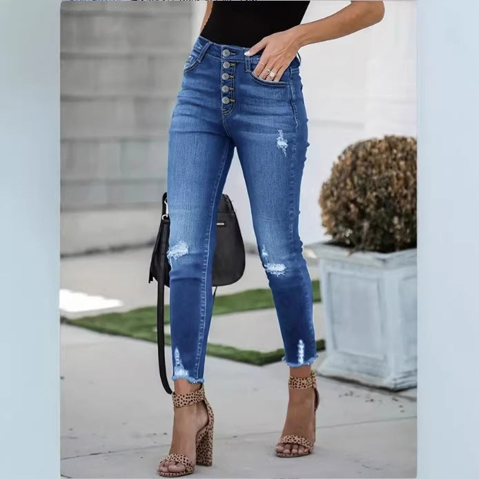Women's High-Waisted Skinny Jeans with Visible Button Placket, Destroyed Knee Areas, and Raw Ankle Hem Fashion Glam