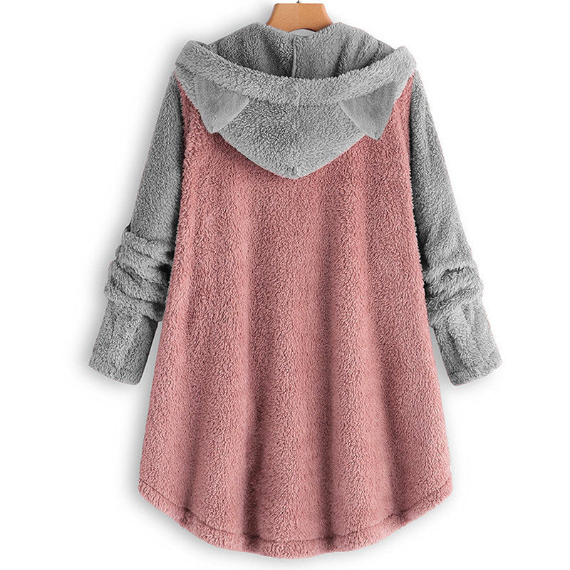 Women's Cozy Hooded Teddy Jacket with Cat Ears, Wooden Button Details and High-Low Hem Fashion Glam