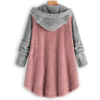 Women's Cozy Hooded Teddy Jacket with Cat Ears, Wooden Button Details and High-Low Hem Fashion Glam