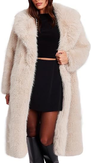 Women's Elegant Maxi Faux Fur Coat with Wide Shawl Collar and Straight Cut Fashion Glam