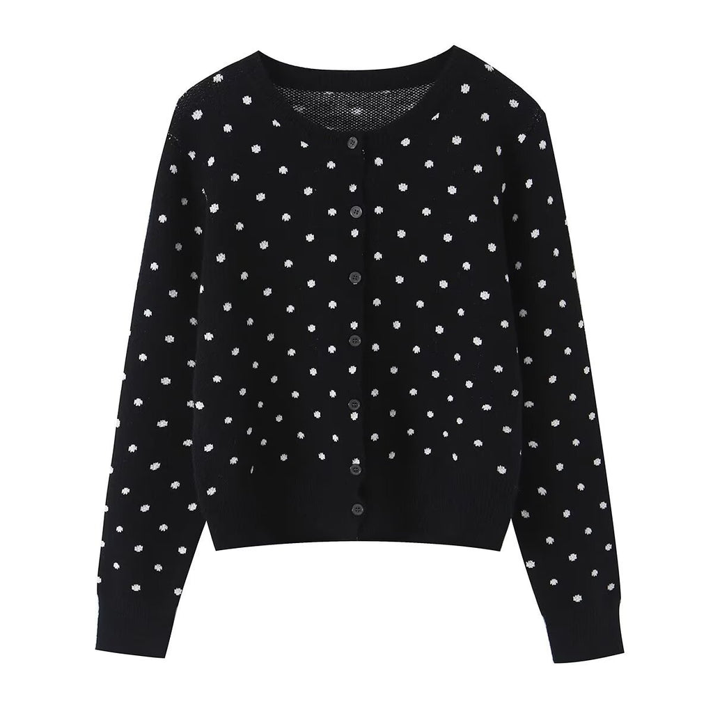 Women short cut fine knitted cardigan with round neckline, button placket and all-over polka dot pattern Fashion Glam