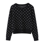 Women short cut fine knitted cardigan with round neckline, button placket and all-over polka dot pattern Fashion Glam