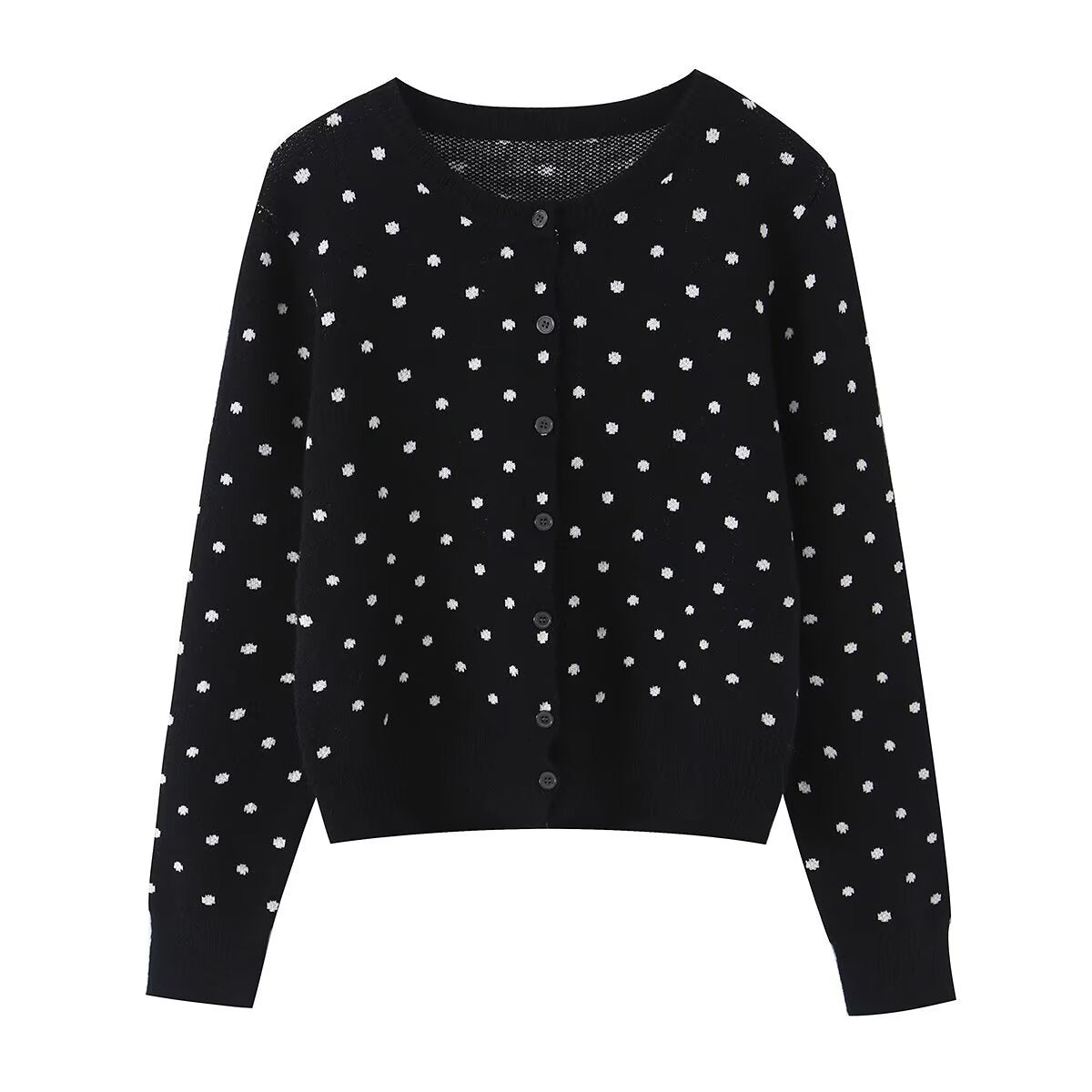 Women short cut fine knitted cardigan with round neckline, button placket and all-over polka dot pattern Fashion Glam