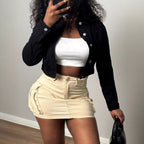 Women's Cropped Denim Jacket with Metal Button Placket and Waist-Length Fit Fashion Glam