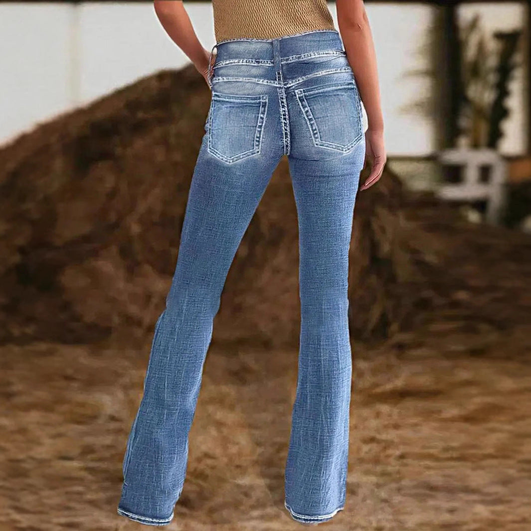 Ladies high-waisted flared jeans with side decorative seam and sculpting stretch waistband Fashion Glam
