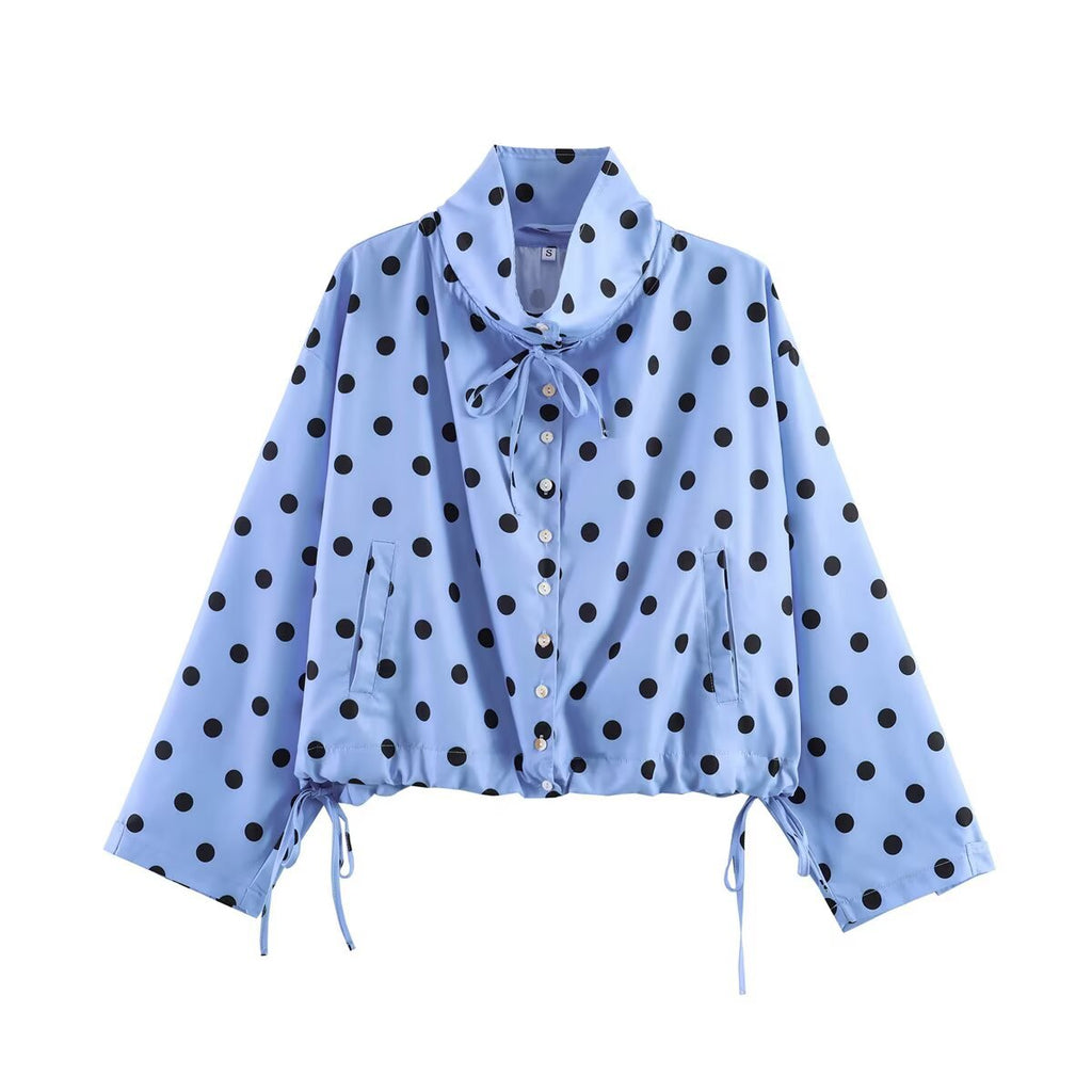 Women's Cropped Polka Dot Transition Jacket with Stand-Up Collar, Drawstring Hem and Button Placket Fashion Glam