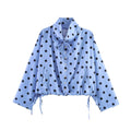 Women's Cropped Polka Dot Transition Jacket with Stand-Up Collar, Drawstring Hem and Button Placket Fashion Glam