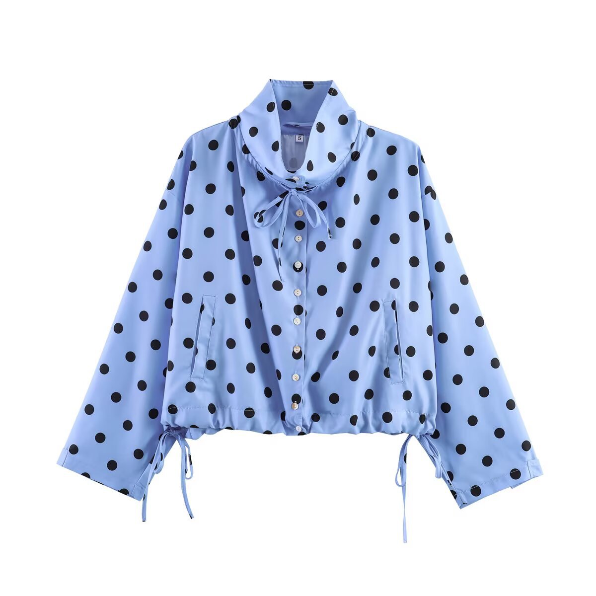 Women's Cropped Polka Dot Transition Jacket with Stand-Up Collar, Drawstring Hem and Button Placket Fashion Glam
