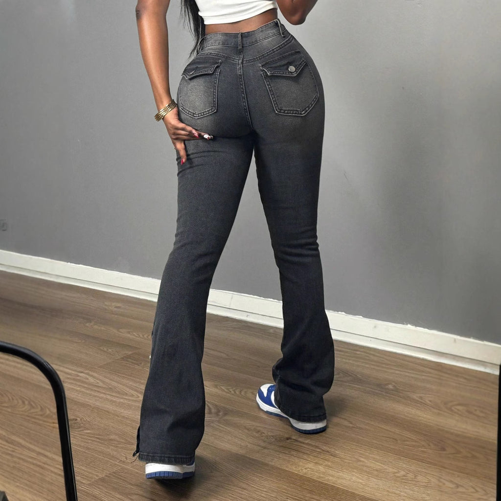 Women's high-waisted flared jeans with side button opening & sculpting fit Fashion Glam