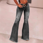 Women's High-Waisted Flared Jeans with Knee Rips, Frayed Hem and Flared Leg Fashion Glam