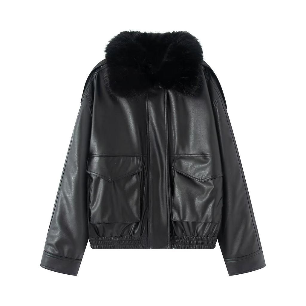 Ladies Oversized Faux Leather Bomber Jacket with Cozy Faux Fur Collar and Applied Flap Pockets Fashion Glam
