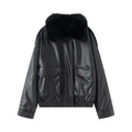 Ladies Oversized Faux Leather Bomber Jacket with Cozy Faux Fur Collar and Applied Flap Pockets Fashion Glam