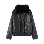 Ladies Oversized Faux Leather Bomber Jacket with Cozy Faux Fur Collar and Applied Flap Pockets Fashion Glam