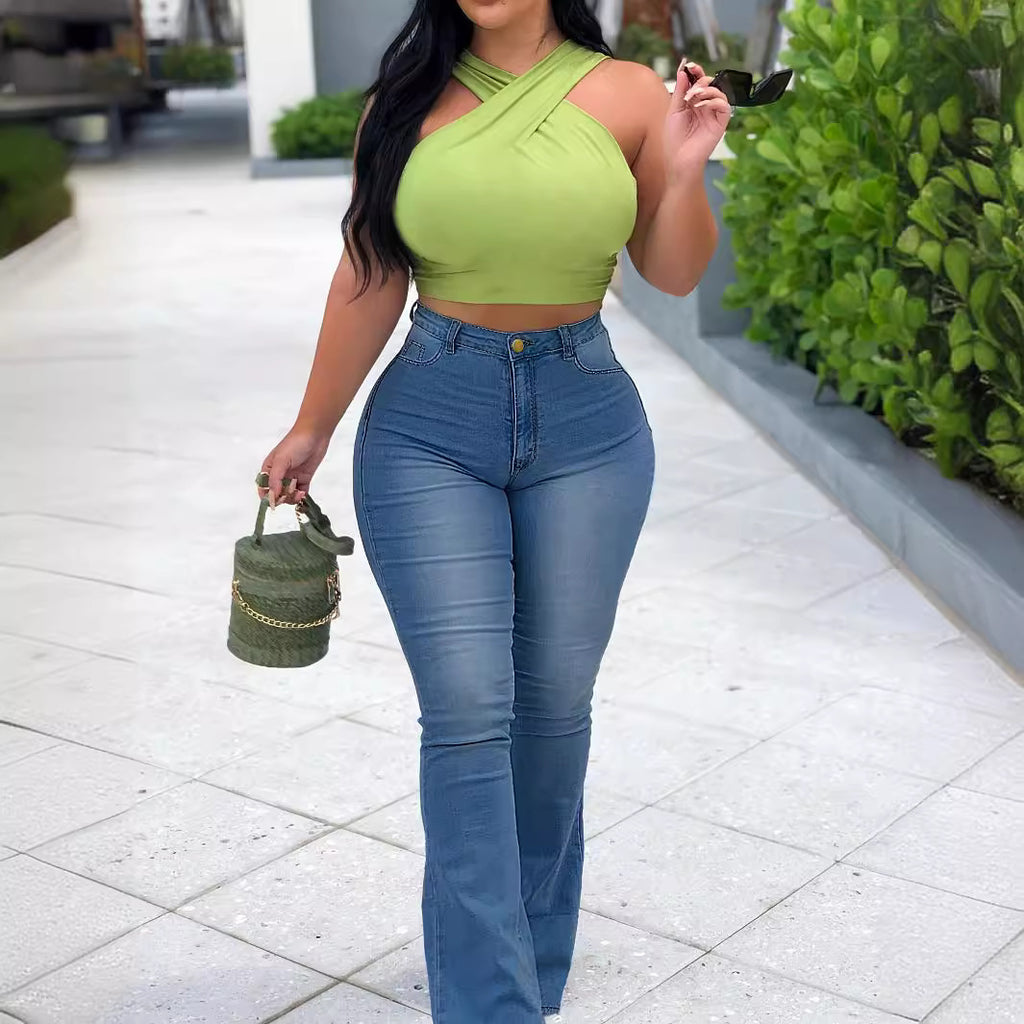 Women’s High-Waist Flared Trousers made of Stretch Denim with a Figure-Hugging Hip Fit Fashion Glam