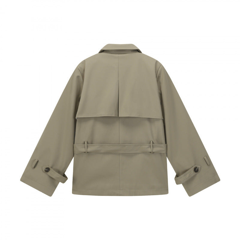 Unisex Short Double Blouson Trench Coat with Waist Belt and Boxy Silhouette Fashion Glam