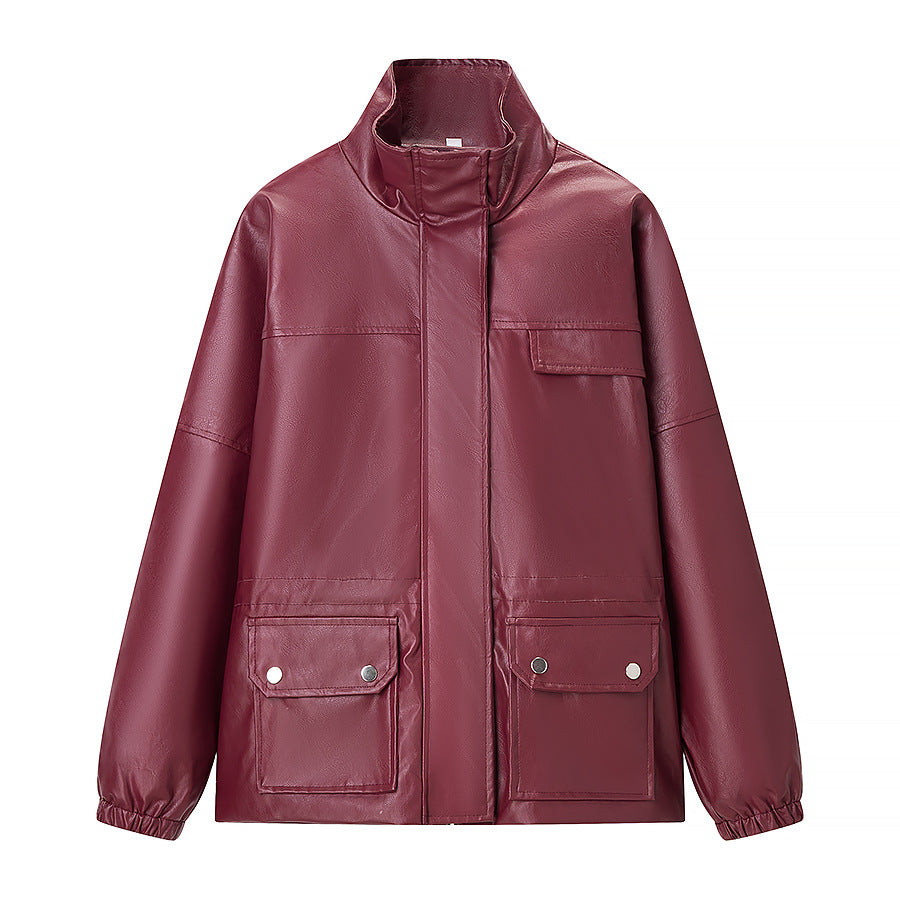 Women Short Oversize Faux Leather Utility Jacket with Stand-up Collar, Flap Pockets and Concealed Placket Fashion Glam