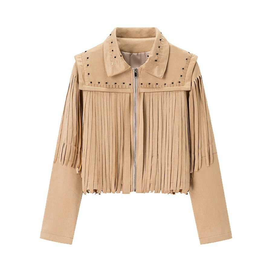 Women's short fringed jacket made of suede look with zipper and studded embellishment Fashion Glam