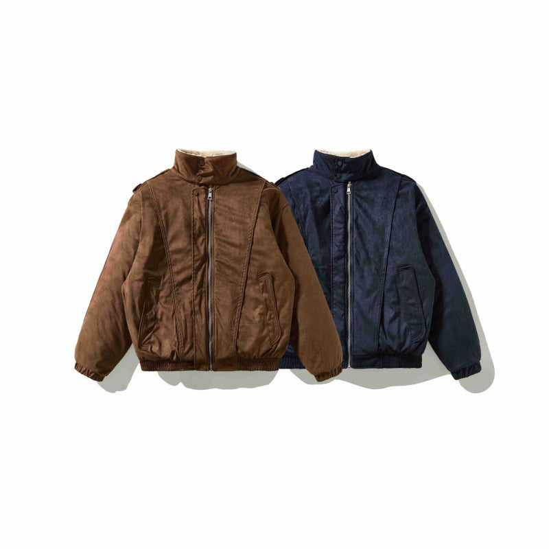 Men's Velvet Leather Look Bomber Jacket with High Stand Collar and Teddy Lining Fashion Glam
