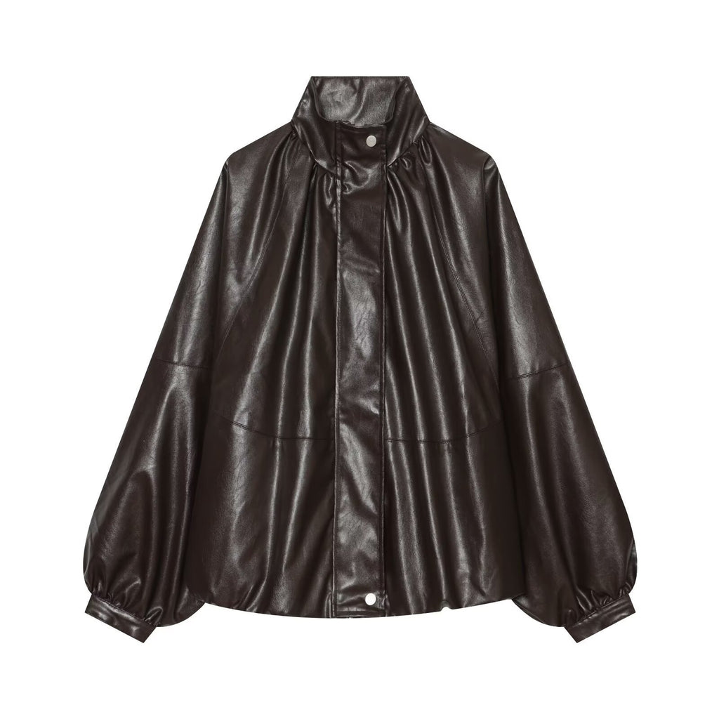 Women Oversized Leather-Like Cape with Stand Collar and Balloon Sleeves Fashion Glam