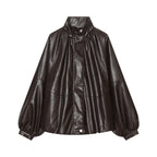 Women Oversized Leather-Like Cape with Stand Collar and Balloon Sleeves Fashion Glam