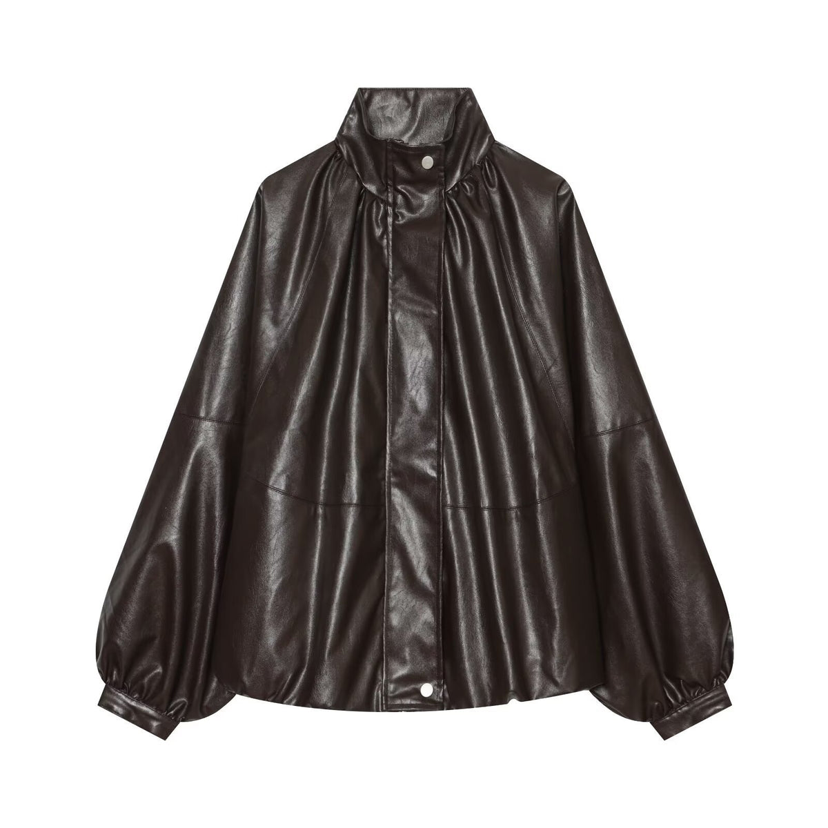 Women Oversized Leather-Like Cape with Stand Collar and Balloon Sleeves Fashion Glam