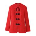 Women's Tailored Short Jacket in Mandarin Style with Keyhole Neckline and Decorative Knot Closures Fashion Glam