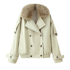 Women's double-breasted blouson with removable faux fur collar, waist drawstring and adjustable cuffs Fashion Glam
