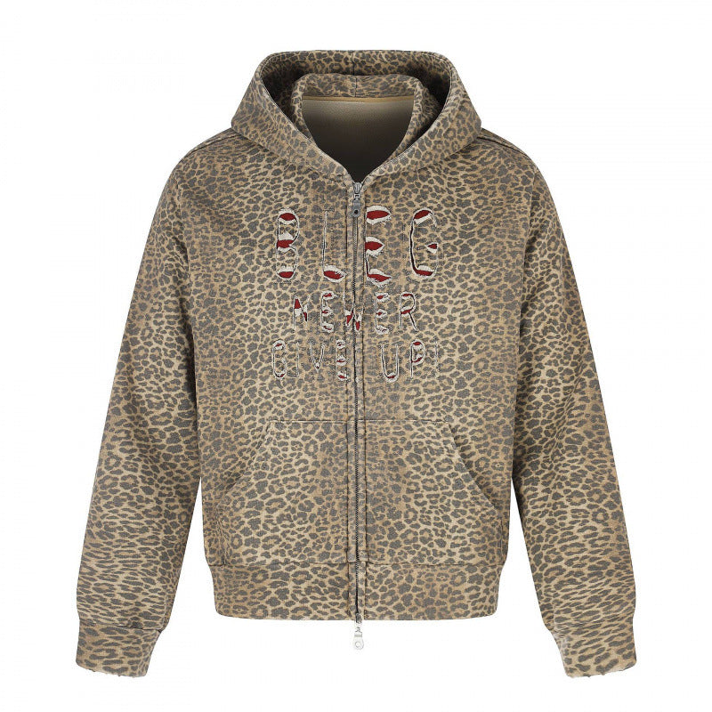 Unisex hooded jacket in all-over leopard with vintage effect, zipper and destroy embroidery Fashion Glam