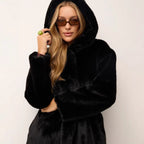 Women's short fitted faux fur coat with hood and tie belt Fashion Glam