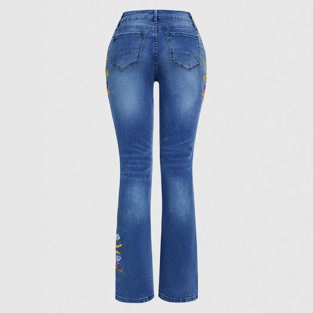 Women's Bootcut Jeans with Side Floral Embroidery and Comfortable Stretch Waistband Fashion Glam